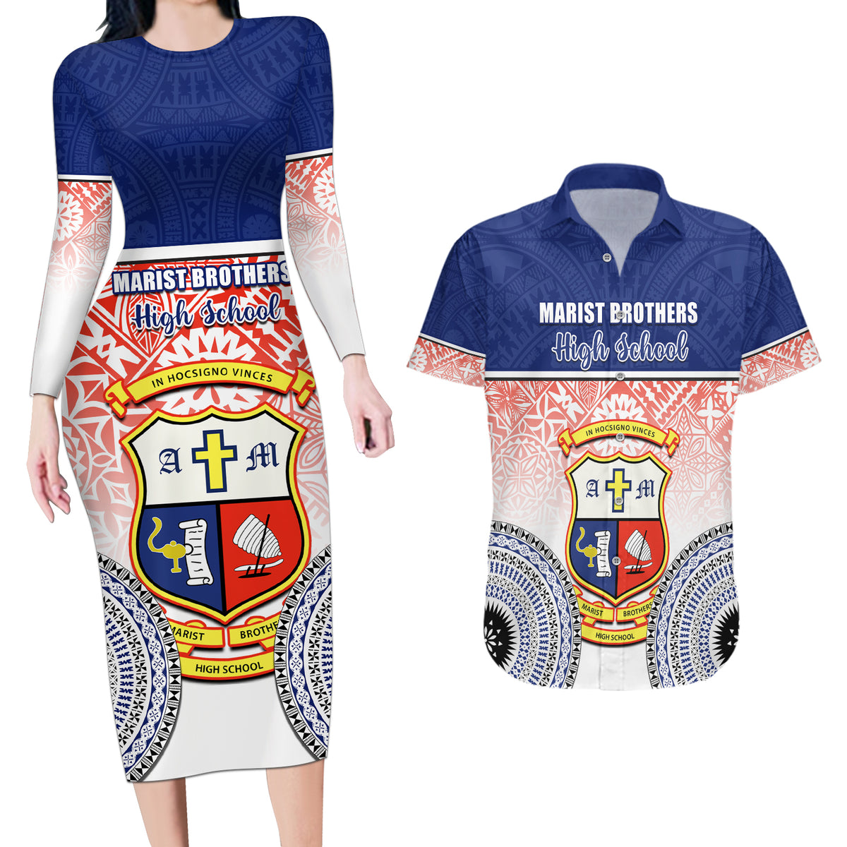 Personalized Marist Brothers High School Couples Matching Long Sleeve Bodycon Dress and Hawaiian Shirt With Fijian Tapa Pattern LT05 Blue - Polynesian Pride