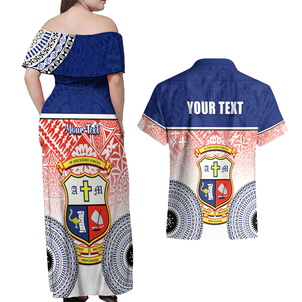 Personalized Marist Brothers High School Couples Matching Off Shoulder Maxi Dress and Hawaiian Shirt With Fijian Tapa Pattern LT05 - Polynesian Pride