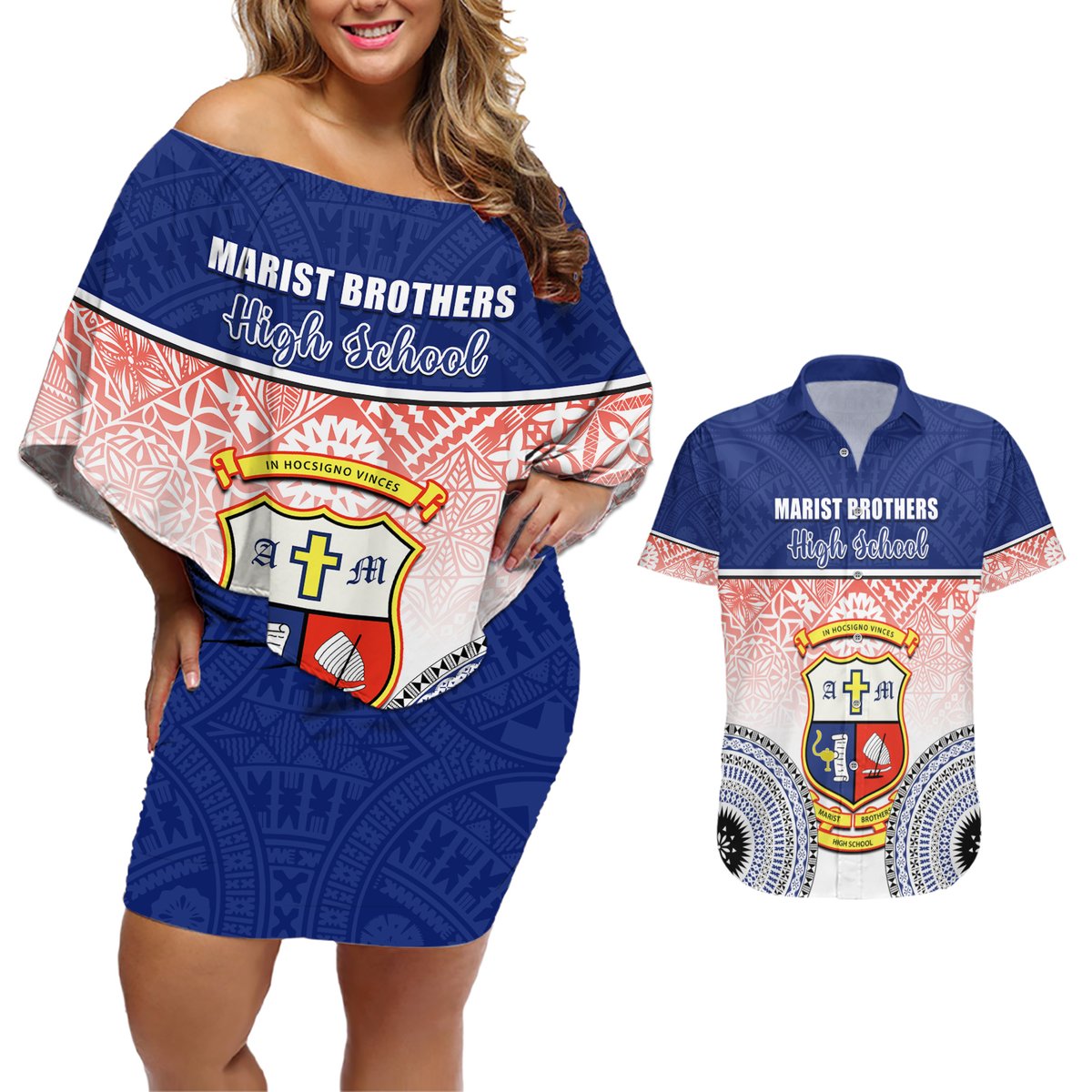 Personalized Marist Brothers High School Couples Matching Off Shoulder Short Dress and Hawaiian Shirt With Fijian Tapa Pattern LT05 Blue - Polynesian Pride