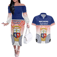 Personalized Marist Brothers High School Couples Matching Off The Shoulder Long Sleeve Dress and Hawaiian Shirt With Fijian Tapa Pattern LT05 Blue - Polynesian Pride