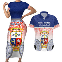 Personalized Marist Brothers High School Couples Matching Short Sleeve Bodycon Dress and Hawaiian Shirt With Fijian Tapa Pattern LT05 Blue - Polynesian Pride