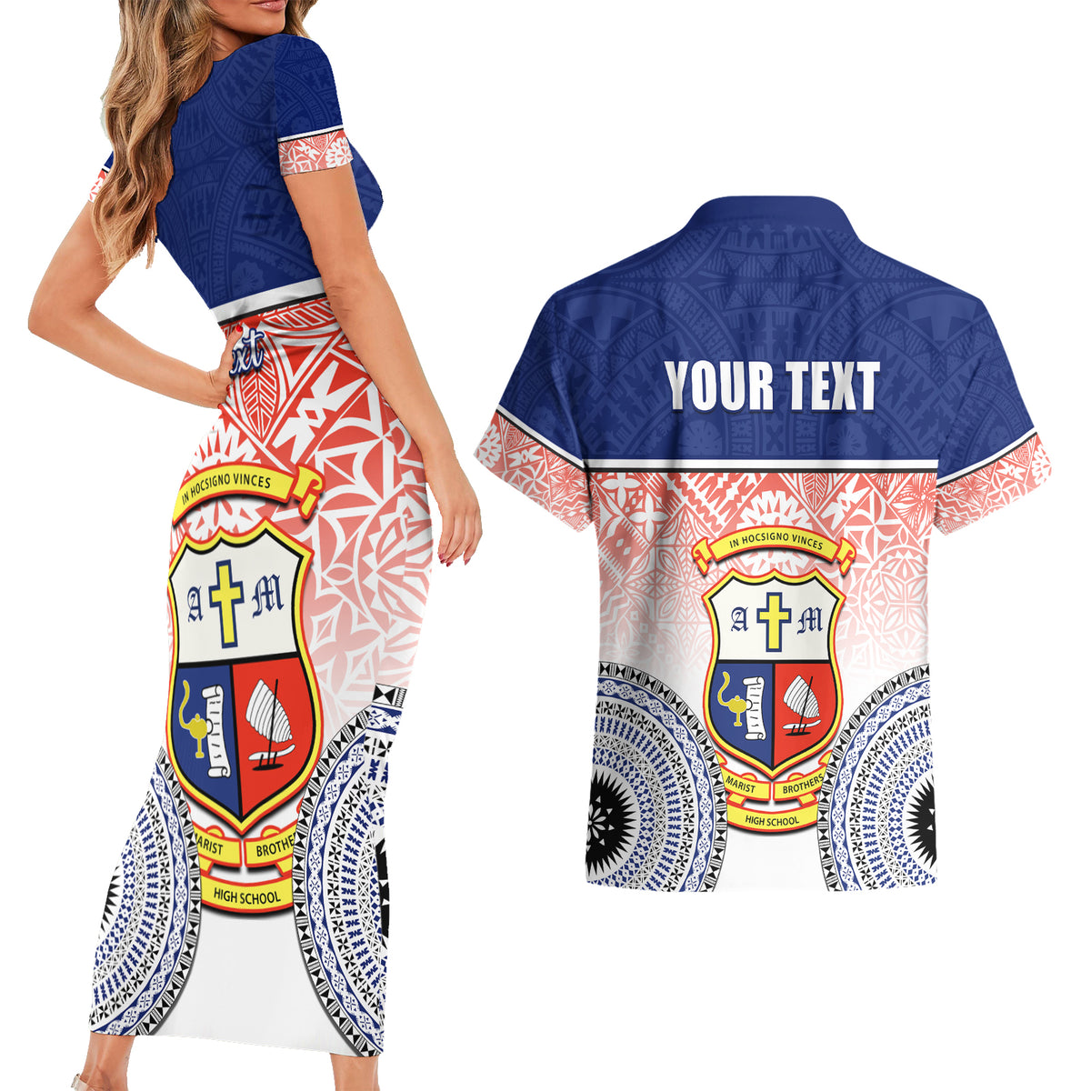 Personalized Marist Brothers High School Couples Matching Short Sleeve Bodycon Dress and Hawaiian Shirt With Fijian Tapa Pattern LT05 - Polynesian Pride