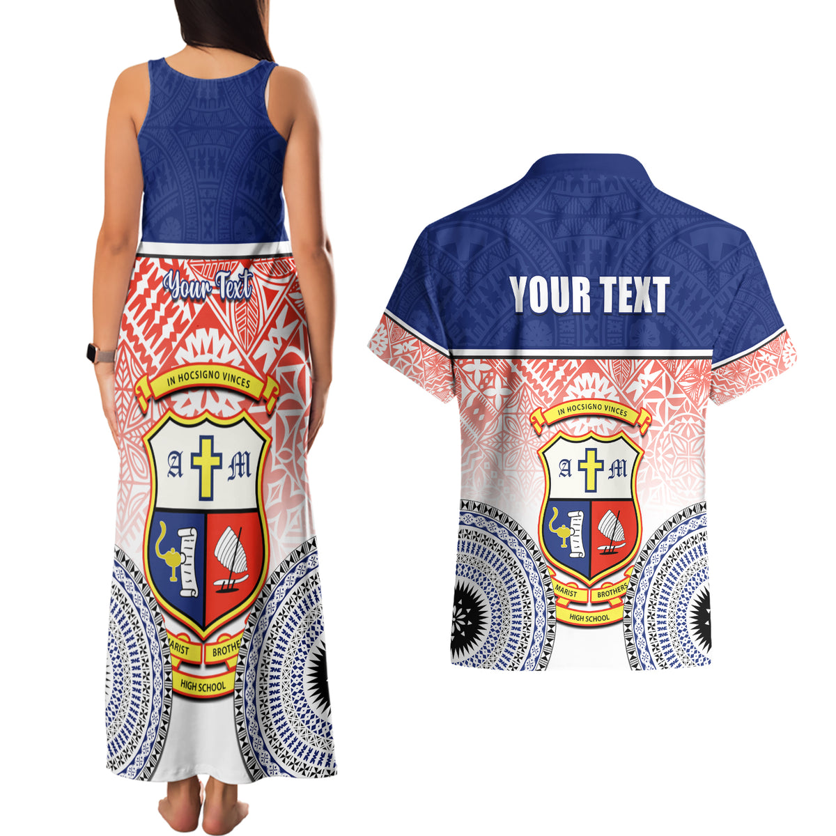 Personalized Marist Brothers High School Couples Matching Tank Maxi Dress and Hawaiian Shirt With Fijian Tapa Pattern LT05 - Polynesian Pride