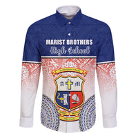 Personalized Marist Brothers High School Family Matching Off Shoulder Short Dress and Hawaiian Shirt With Fijian Tapa Pattern LT05 Dad's Shirt - Long Sleeve Blue - Polynesian Pride