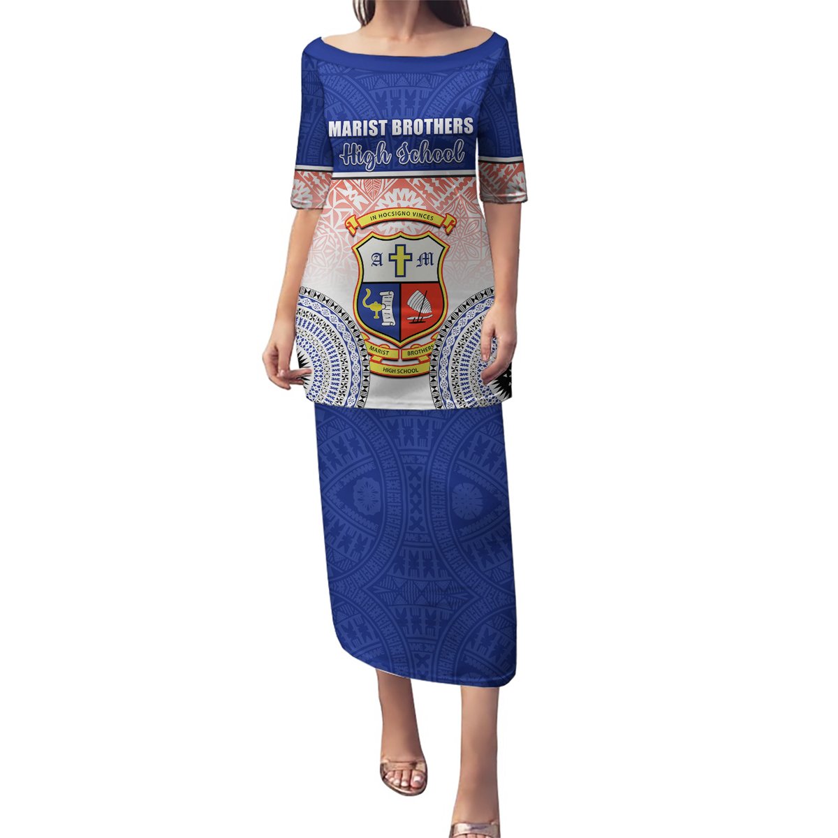 Personalized Marist Brothers High School Puletasi With Fijian Tapa Pattern LT05 Long Dress Blue - Polynesian Pride