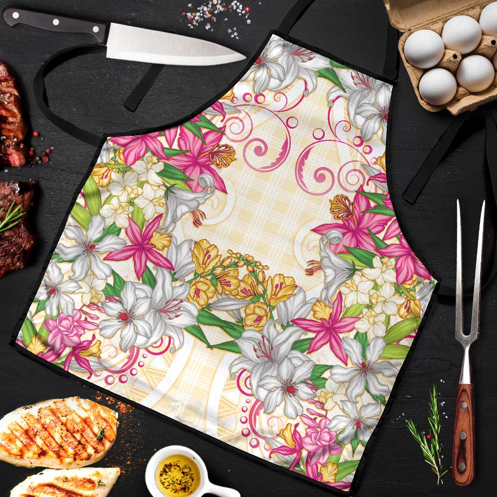 Hawaii Palaka Apron Yellow Tribal Pattern With Tropical Flowers - Polynesian Pride