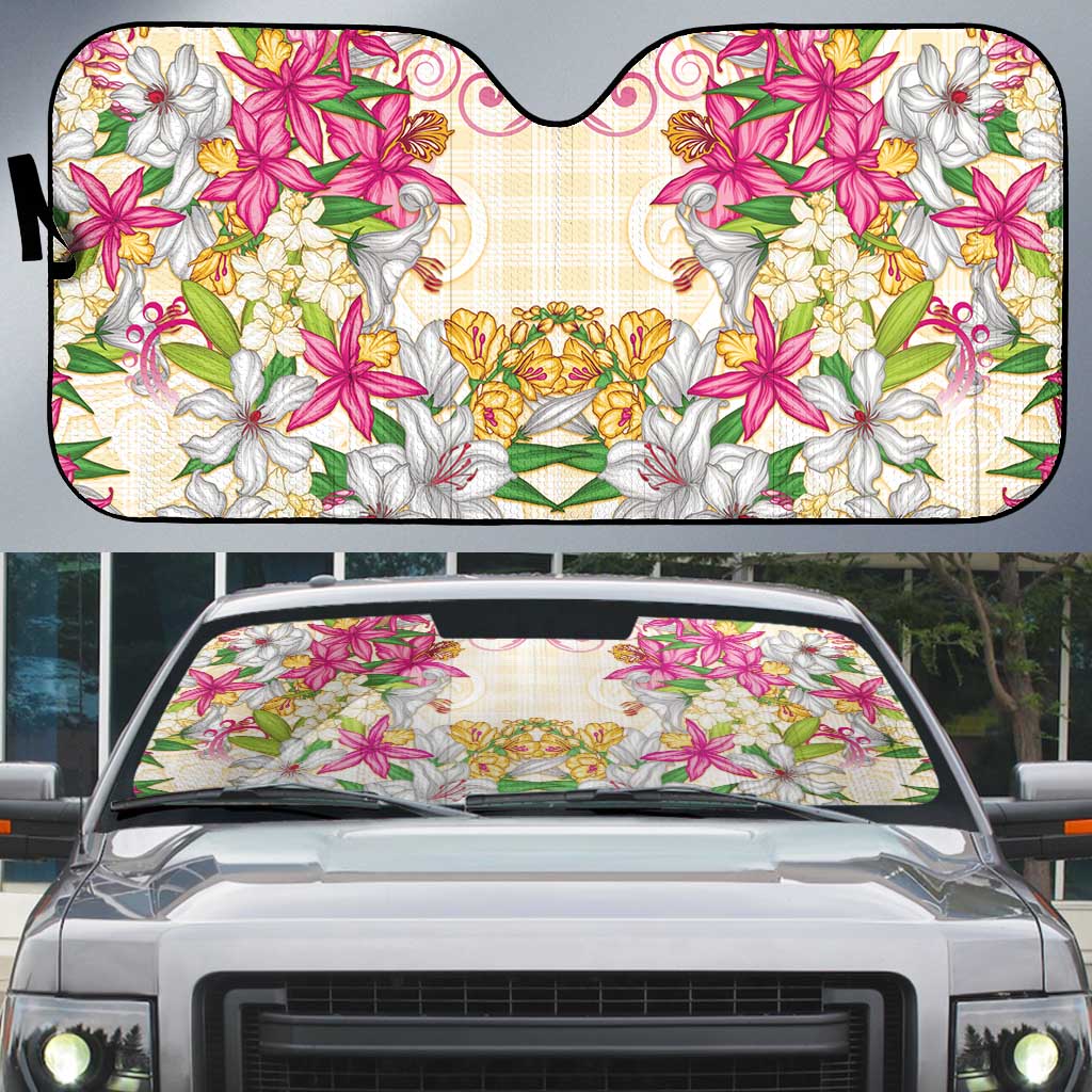 Hawaii Palaka Auto Sun Shade Yellow Tribal Pattern With Tropical Flowers LT05 Yellow - Polynesian Pride