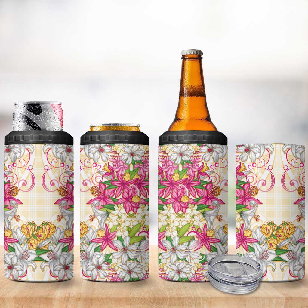 Hawaii Palaka 4 in 1 Can Cooler Tumbler Yellow Tribal Pattern With Tropical Flowers - Polynesian Pride
