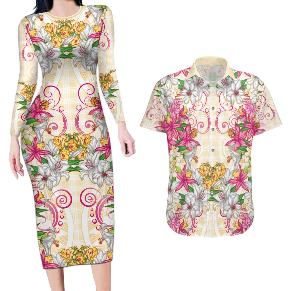 Hawaii Palaka Couples Matching Long Sleeve Bodycon Dress and Hawaiian Shirt Yellow Tribal Pattern With Tropical Flowers LT05 Yellow - Polynesian Pride