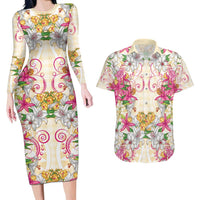 Hawaii Palaka Couples Matching Long Sleeve Bodycon Dress and Hawaiian Shirt Yellow Tribal Pattern With Tropical Flowers LT05 Yellow - Polynesian Pride