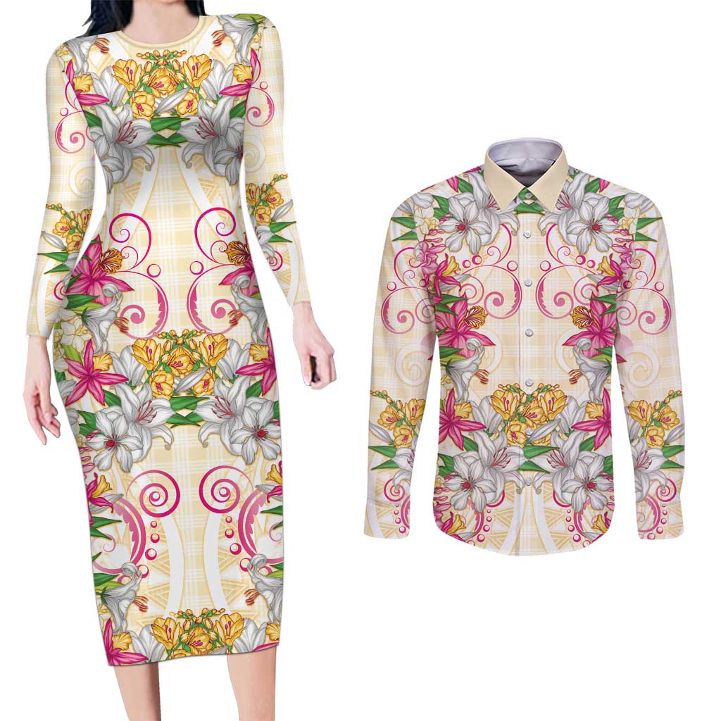 Hawaii Palaka Couples Matching Long Sleeve Bodycon Dress and Long Sleeve Button Shirt Yellow Tribal Pattern With Tropical Flowers - Polynesian Pride