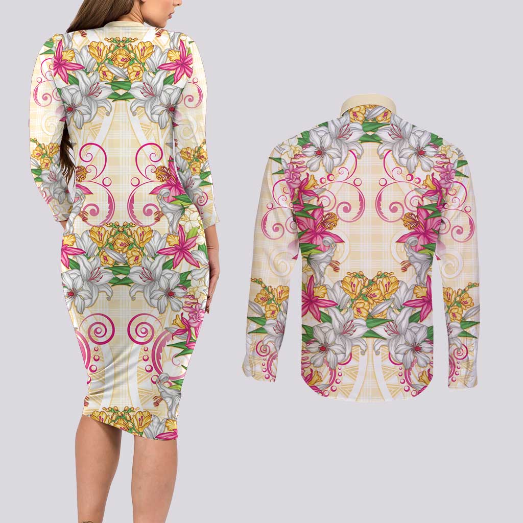 Hawaii Palaka Couples Matching Long Sleeve Bodycon Dress and Long Sleeve Button Shirt Yellow Tribal Pattern With Tropical Flowers LT05 - Polynesian Pride