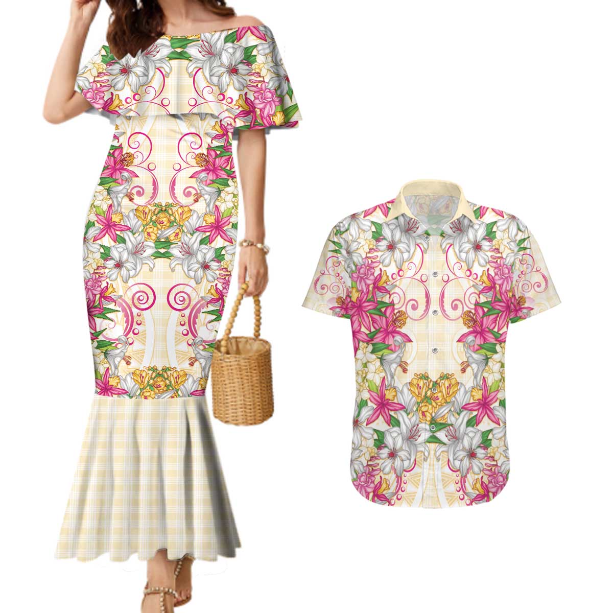 Hawaii Palaka Couples Matching Mermaid Dress and Hawaiian Shirt Yellow Tribal Pattern With Tropical Flowers LT05 Yellow - Polynesian Pride