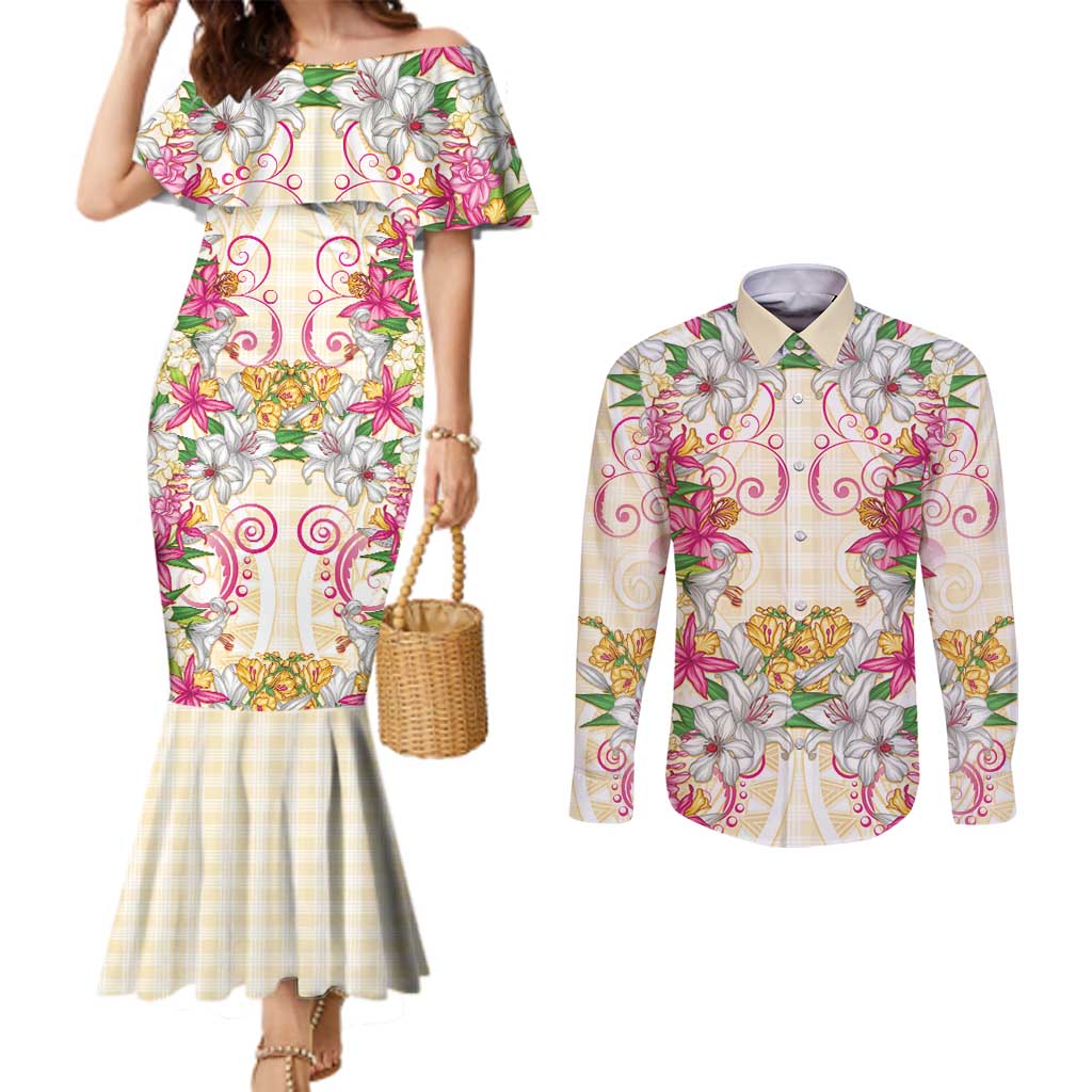 Hawaii Palaka Couples Matching Mermaid Dress and Long Sleeve Button Shirt Yellow Tribal Pattern With Tropical Flowers LT05 Yellow - Polynesian Pride
