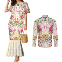 Hawaii Palaka Couples Matching Mermaid Dress and Long Sleeve Button Shirt Yellow Tribal Pattern With Tropical Flowers LT05 Yellow - Polynesian Pride