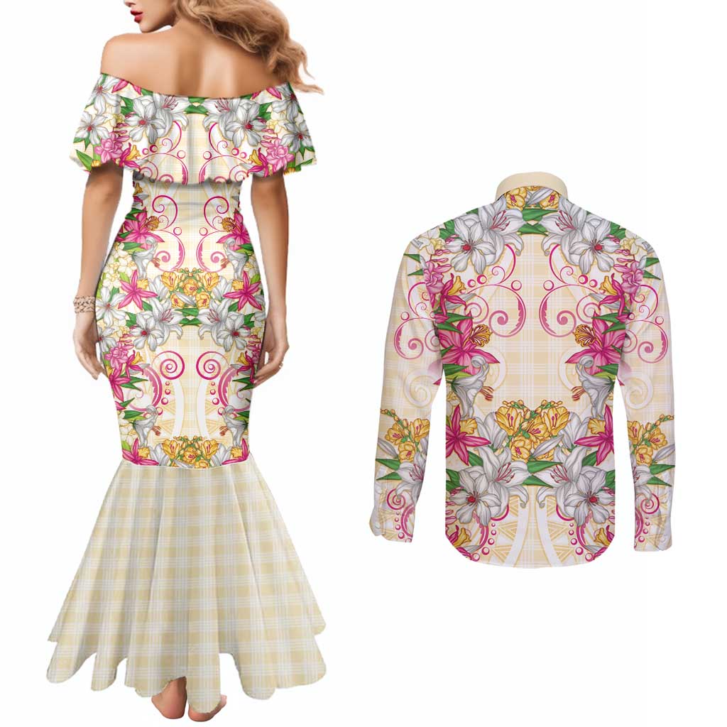 Hawaii Palaka Couples Matching Mermaid Dress and Long Sleeve Button Shirt Yellow Tribal Pattern With Tropical Flowers LT05 - Polynesian Pride