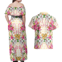 Hawaii Palaka Couples Matching Off Shoulder Maxi Dress and Hawaiian Shirt Yellow Tribal Pattern With Tropical Flowers LT05 - Polynesian Pride