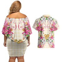 Hawaii Palaka Couples Matching Off Shoulder Short Dress and Hawaiian Shirt Yellow Tribal Pattern With Tropical Flowers LT05 - Polynesian Pride