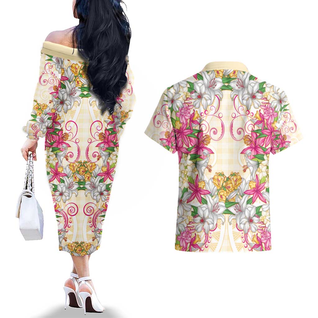 Hawaii Palaka Couples Matching Off The Shoulder Long Sleeve Dress and Hawaiian Shirt Yellow Tribal Pattern With Tropical Flowers LT05 - Polynesian Pride