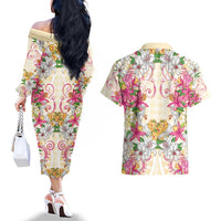 Hawaii Palaka Couples Matching Off The Shoulder Long Sleeve Dress and Hawaiian Shirt Yellow Tribal Pattern With Tropical Flowers LT05 - Polynesian Pride