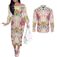 Hawaii Palaka Couples Matching Off The Shoulder Long Sleeve Dress and Long Sleeve Button Shirt Yellow Tribal Pattern With Tropical Flowers LT05 Yellow - Polynesian Pride