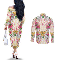 Hawaii Palaka Couples Matching Off The Shoulder Long Sleeve Dress and Long Sleeve Button Shirt Yellow Tribal Pattern With Tropical Flowers LT05 - Polynesian Pride