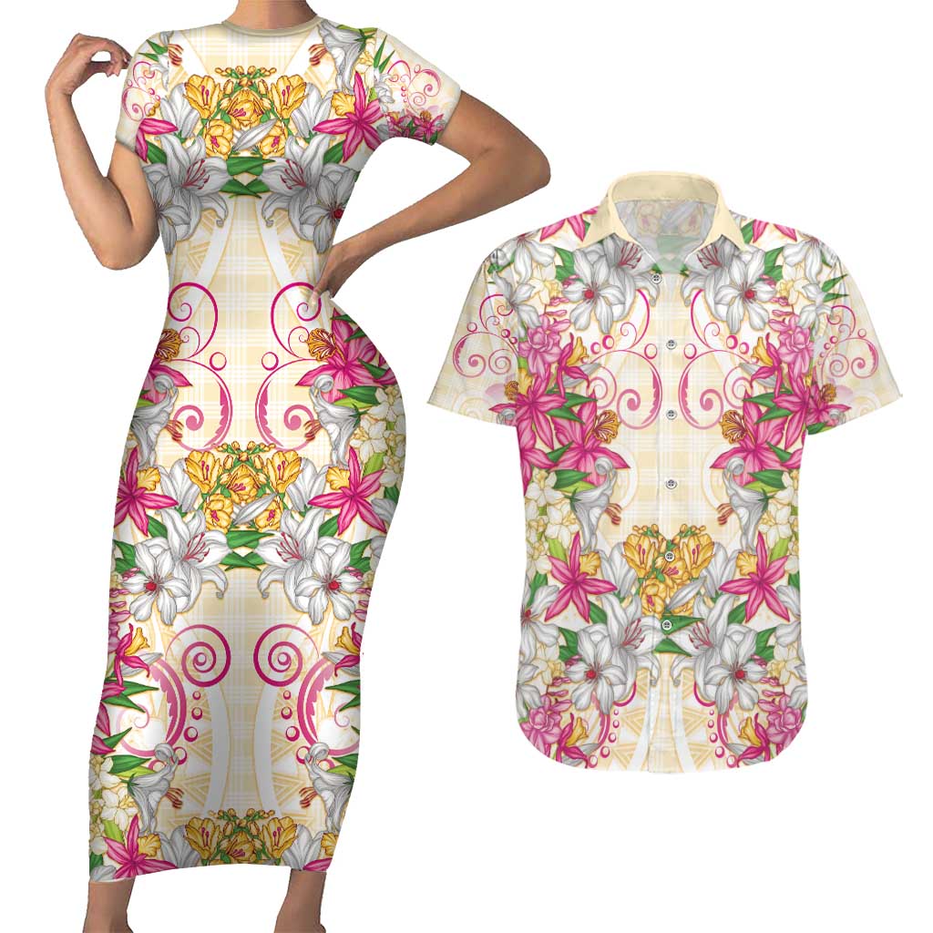 Hawaii Palaka Couples Matching Short Sleeve Bodycon Dress and Hawaiian Shirt Yellow Tribal Pattern With Tropical Flowers LT05 Yellow - Polynesian Pride