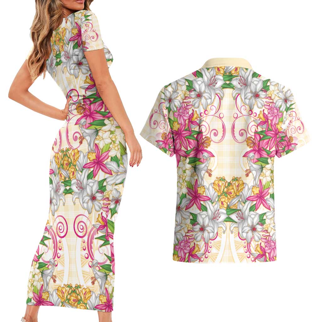 Hawaii Palaka Couples Matching Short Sleeve Bodycon Dress and Hawaiian Shirt Yellow Tribal Pattern With Tropical Flowers LT05 - Polynesian Pride