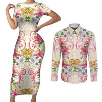 Hawaii Palaka Couples Matching Short Sleeve Bodycon Dress and Long Sleeve Button Shirt Yellow Tribal Pattern With Tropical Flowers LT05 Yellow - Polynesian Pride