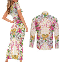 Hawaii Palaka Couples Matching Short Sleeve Bodycon Dress and Long Sleeve Button Shirt Yellow Tribal Pattern With Tropical Flowers LT05 - Polynesian Pride