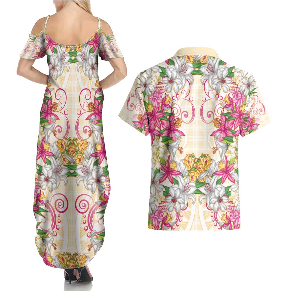 Hawaii Palaka Couples Matching Summer Maxi Dress and Hawaiian Shirt Yellow Tribal Pattern With Tropical Flowers LT05 - Polynesian Pride