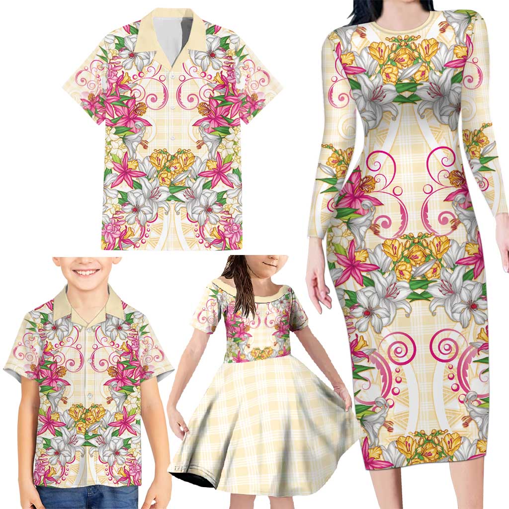 Hawaii Palaka Family Matching Long Sleeve Bodycon Dress and Hawaiian Shirt Yellow Tribal Pattern With Tropical Flowers LT05 - Polynesian Pride