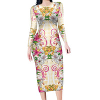 Hawaii Palaka Family Matching Long Sleeve Bodycon Dress and Hawaiian Shirt Yellow Tribal Pattern With Tropical Flowers LT05 Mom's Dress Yellow - Polynesian Pride