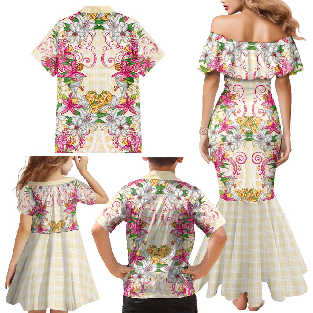 Hawaii Palaka Family Matching Mermaid Dress and Hawaiian Shirt Yellow Tribal Pattern With Tropical Flowers LT05 - Polynesian Pride