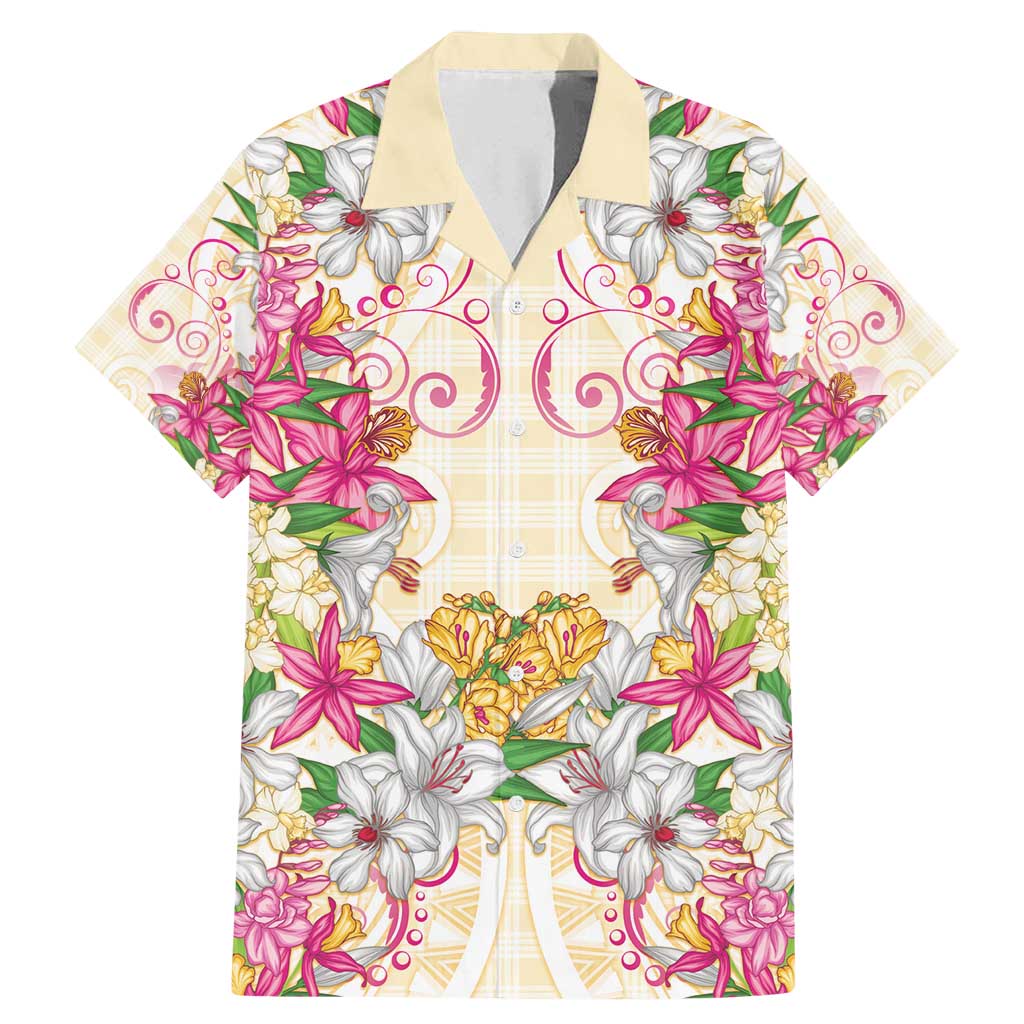 Hawaii Palaka Family Matching Mermaid Dress and Hawaiian Shirt Yellow Tribal Pattern With Tropical Flowers LT05 Dad's Shirt - Short Sleeve Yellow - Polynesian Pride