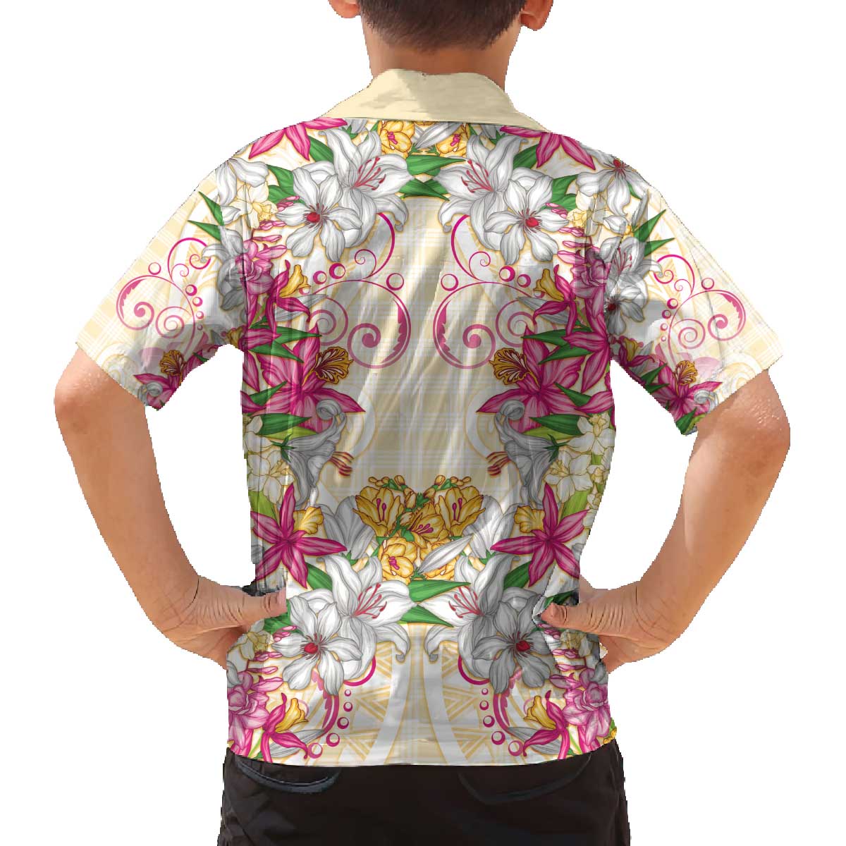 Hawaii Palaka Family Matching Off The Shoulder Long Sleeve Dress and Hawaiian Shirt Yellow Tribal Pattern With Tropical Flowers LT05 - Polynesian Pride