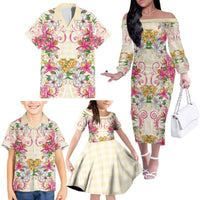 Hawaii Palaka Family Matching Off The Shoulder Long Sleeve Dress and Hawaiian Shirt Yellow Tribal Pattern With Tropical Flowers LT05 - Polynesian Pride