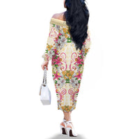 Hawaii Palaka Family Matching Off The Shoulder Long Sleeve Dress and Hawaiian Shirt Yellow Tribal Pattern With Tropical Flowers LT05 - Polynesian Pride