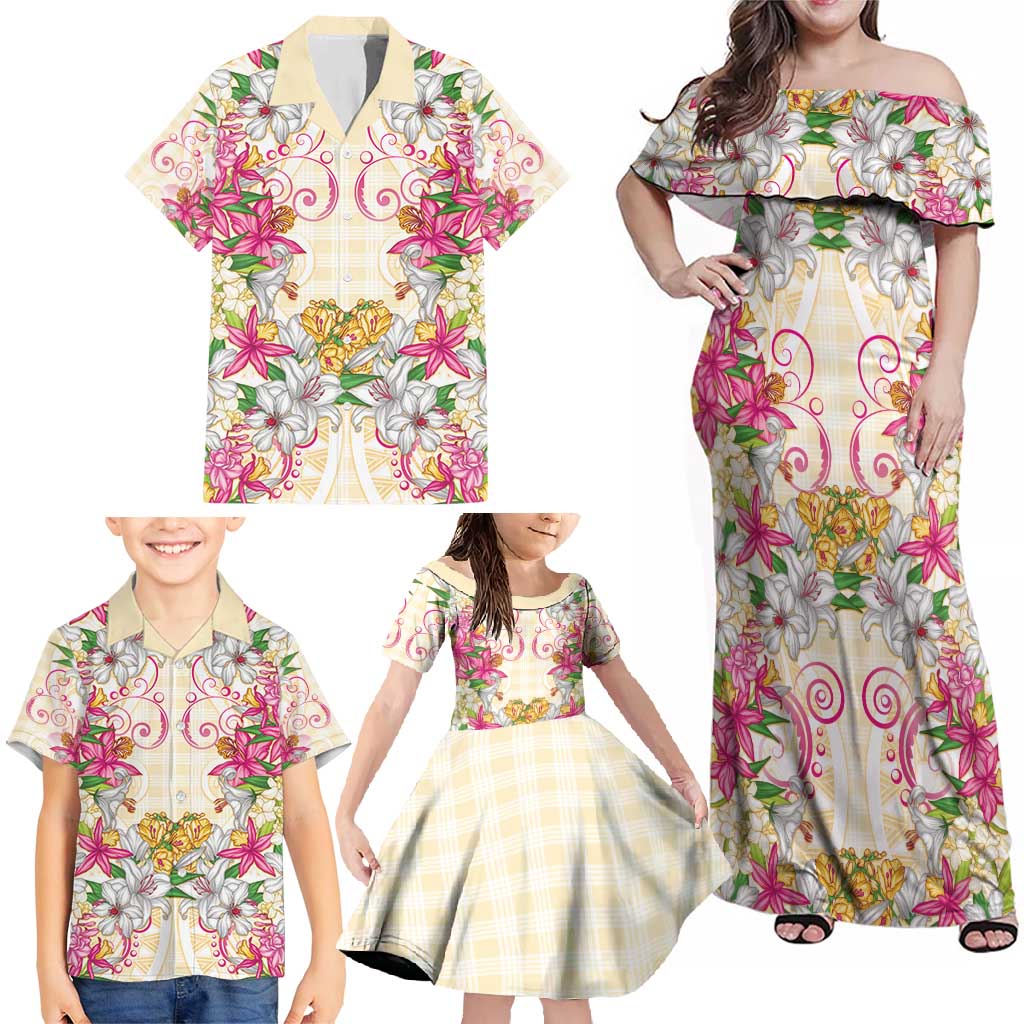 Hawaii Palaka Family Matching Off Shoulder Maxi Dress and Hawaiian Shirt Yellow Tribal Pattern With Tropical Flowers - Polynesian Pride