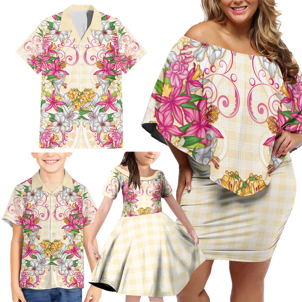 Hawaii Palaka Family Matching Off Shoulder Short Dress and Hawaiian Shirt Yellow Tribal Pattern With Tropical Flowers LT05 - Polynesian Pride
