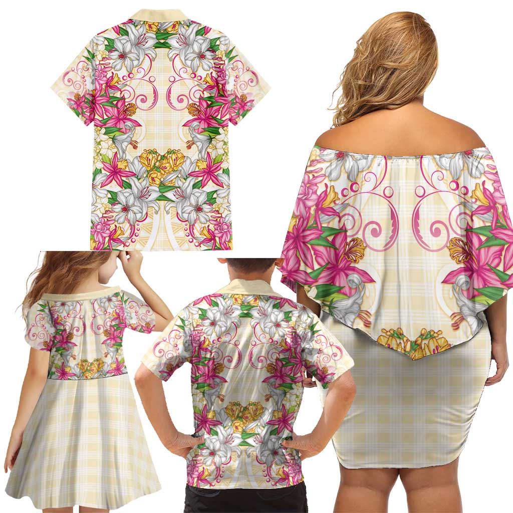 Hawaii Palaka Family Matching Off Shoulder Short Dress and Hawaiian Shirt Yellow Tribal Pattern With Tropical Flowers LT05 - Polynesian Pride