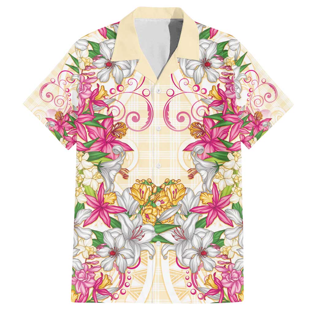 Hawaii Palaka Family Matching Off Shoulder Short Dress and Hawaiian Shirt Yellow Tribal Pattern With Tropical Flowers LT05 Dad's Shirt - Short Sleeve Yellow - Polynesian Pride