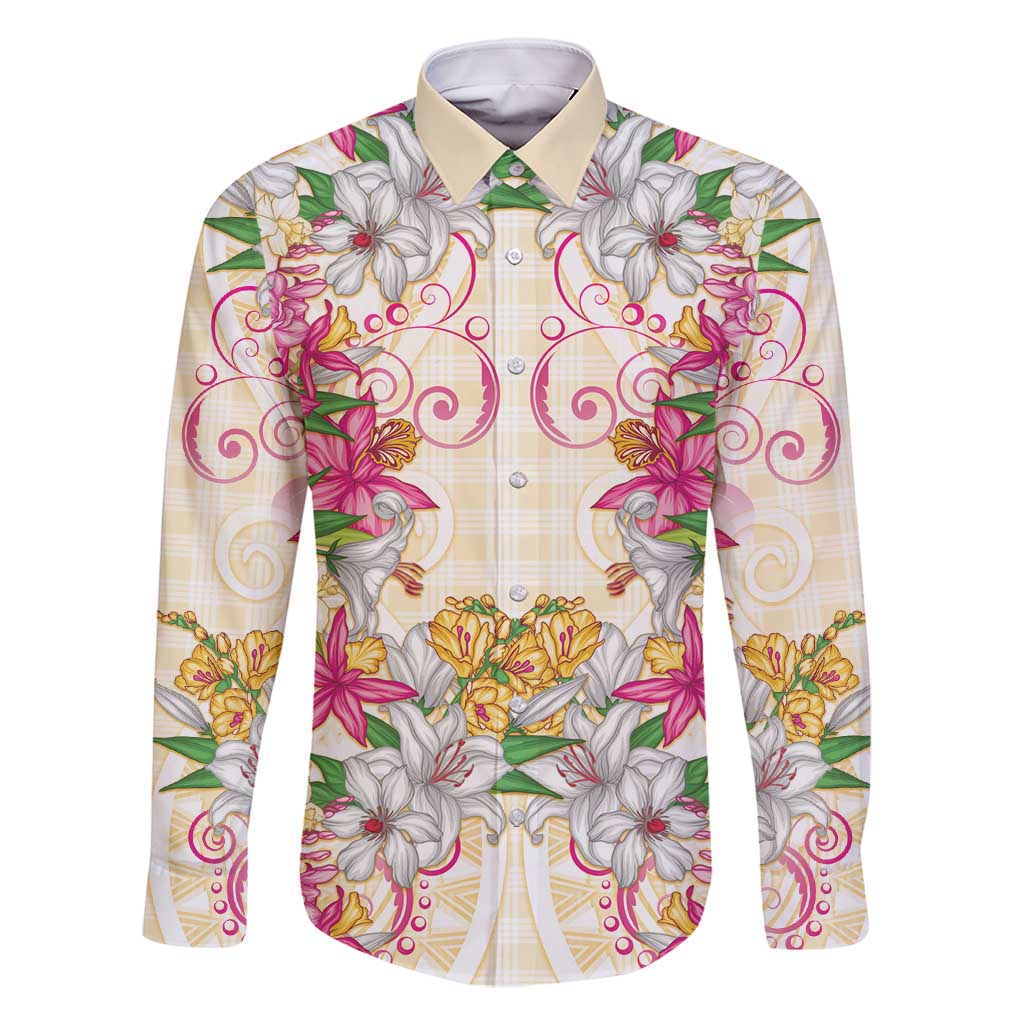 Hawaii Palaka Family Matching Off Shoulder Short Dress and Hawaiian Shirt Yellow Tribal Pattern With Tropical Flowers LT05 Dad's Shirt - Long Sleeve Yellow - Polynesian Pride