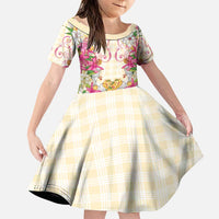 Hawaii Palaka Family Matching Puletasi and Hawaiian Shirt Yellow Tribal Pattern With Tropical Flowers LT05 Daughter's Dress Yellow - Polynesian Pride