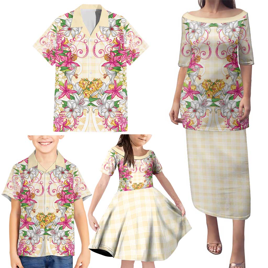 Hawaii Palaka Family Matching Puletasi and Hawaiian Shirt Yellow Tribal Pattern With Tropical Flowers LT05 - Polynesian Pride