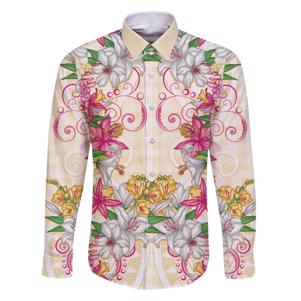 Hawaii Palaka Family Matching Puletasi and Hawaiian Shirt Yellow Tribal Pattern With Tropical Flowers LT05 Dad's Shirt - Long Sleeve Yellow - Polynesian Pride