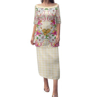 Hawaii Palaka Family Matching Puletasi and Hawaiian Shirt Yellow Tribal Pattern With Tropical Flowers LT05 Mom's Dress Yellow - Polynesian Pride