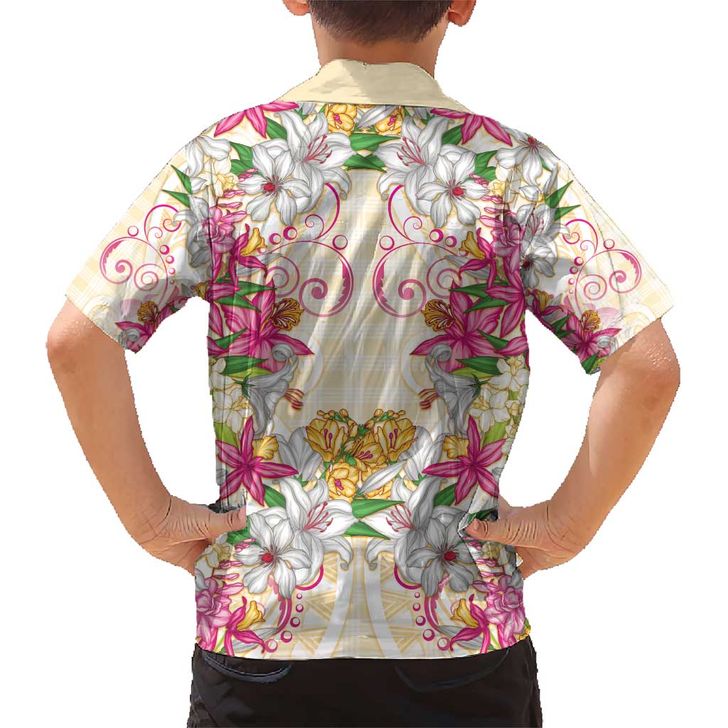 Hawaii Palaka Family Matching Short Sleeve Bodycon Dress and Hawaiian Shirt Yellow Tribal Pattern With Tropical Flowers LT05 - Polynesian Pride