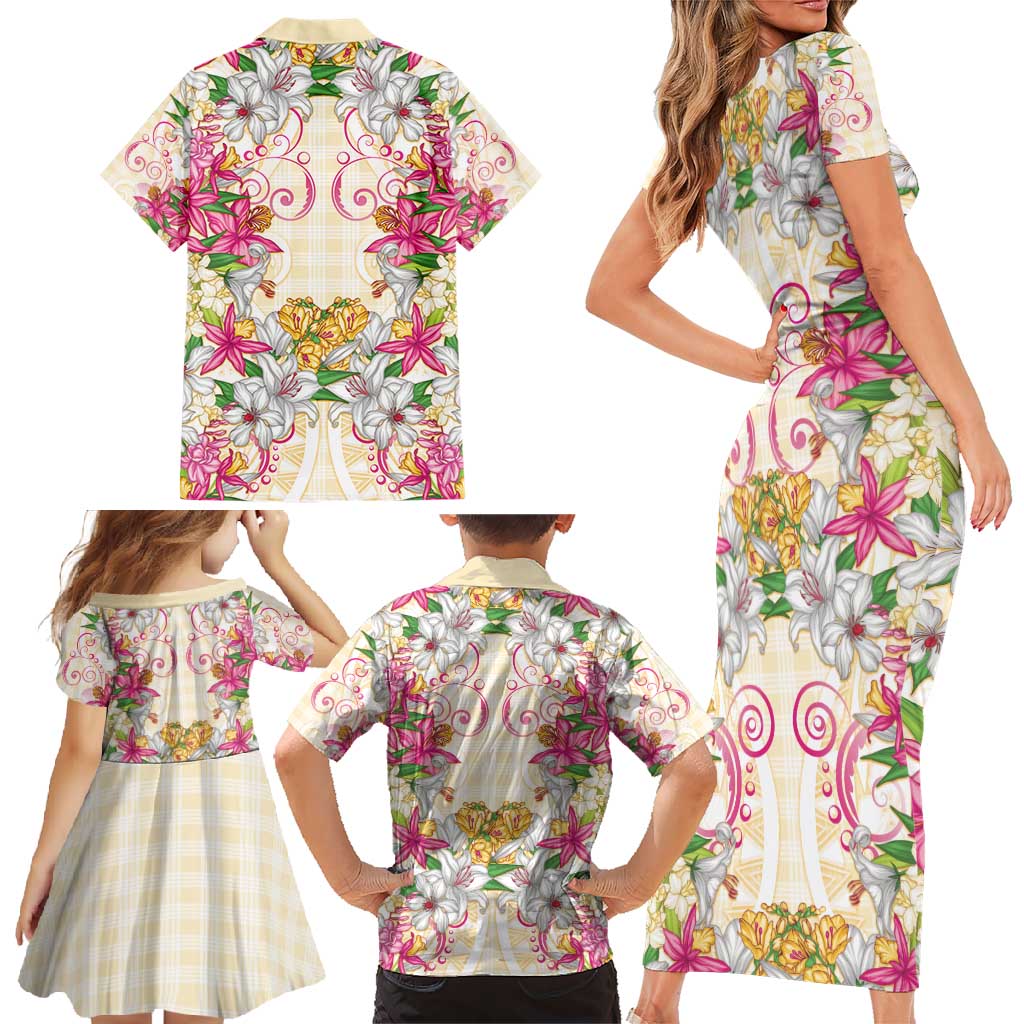 Hawaii Palaka Family Matching Short Sleeve Bodycon Dress and Hawaiian Shirt Yellow Tribal Pattern With Tropical Flowers LT05 - Polynesian Pride
