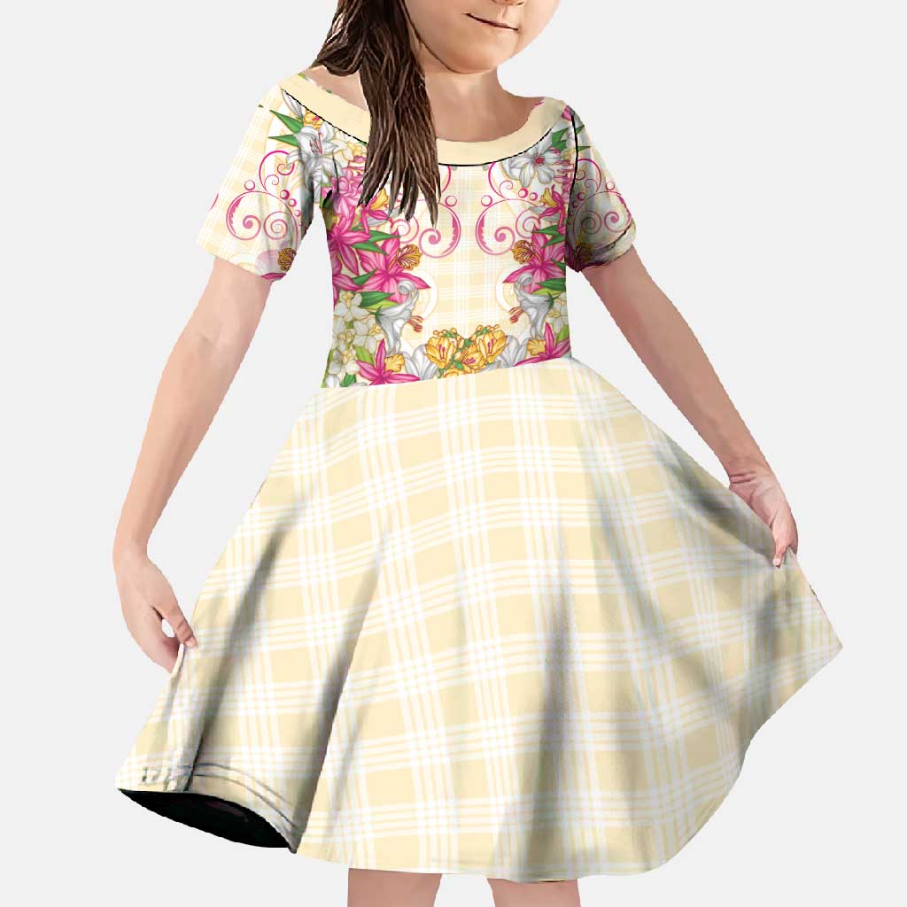 Hawaii Palaka Family Matching Summer Maxi Dress and Hawaiian Shirt Yellow Tribal Pattern With Tropical Flowers LT05 Daughter's Dress Yellow - Polynesian Pride
